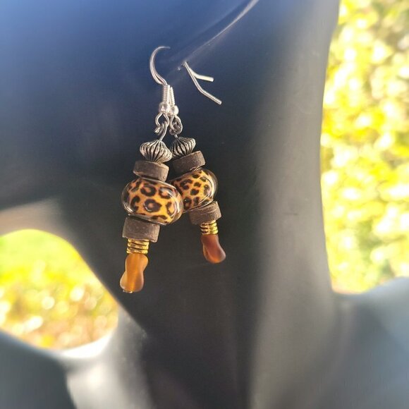 Handmade Earrings With Cheetah Print, Sea Glass,& Wooden Beads Etc, Wirewrapped - Picture 1 of 5